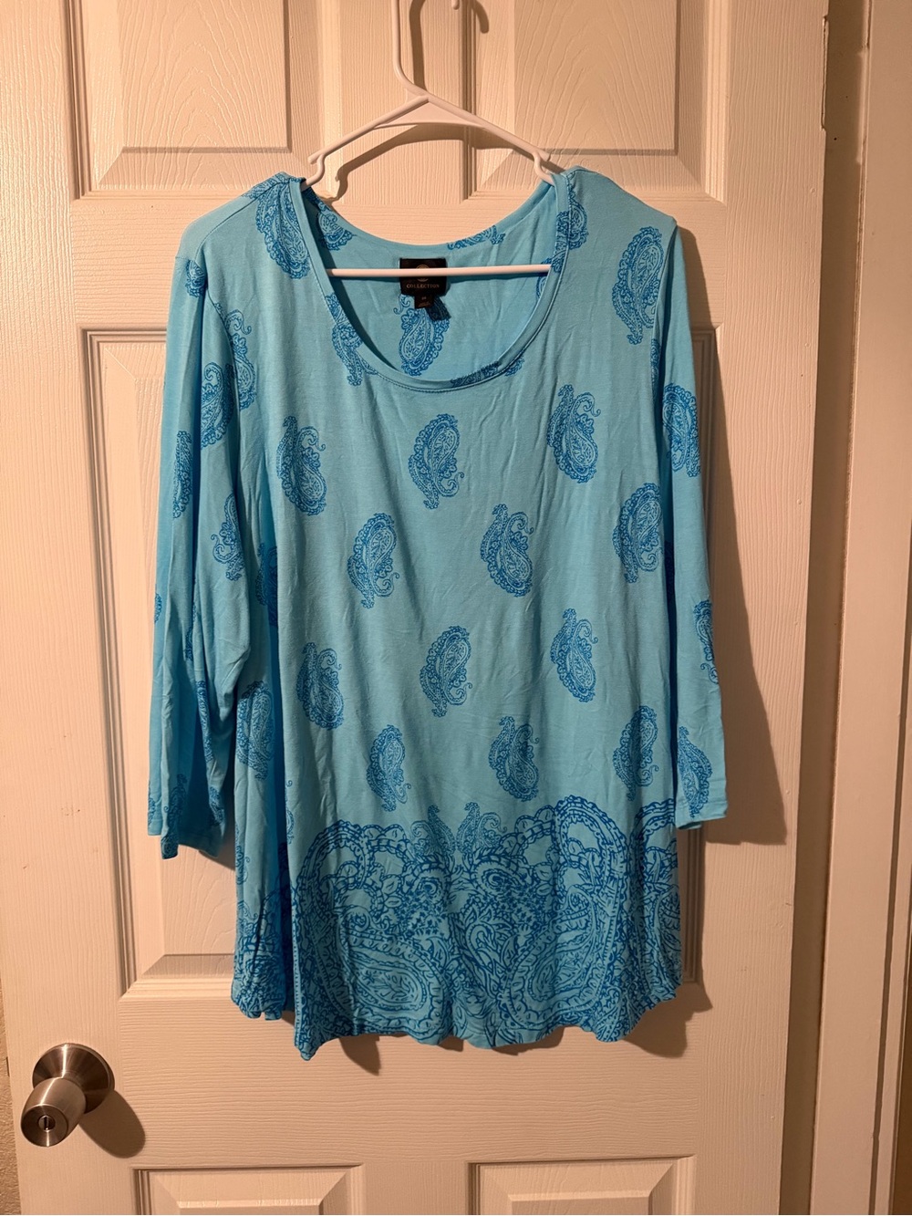 JM Collection Light Blue Paisley Scoop Neck Long Sleeve Top